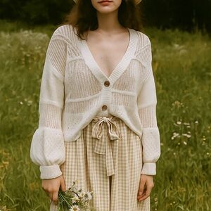 Fray Size S Pointelle Knit Cardigan Sweater White Lightweight Cottagecore Granny